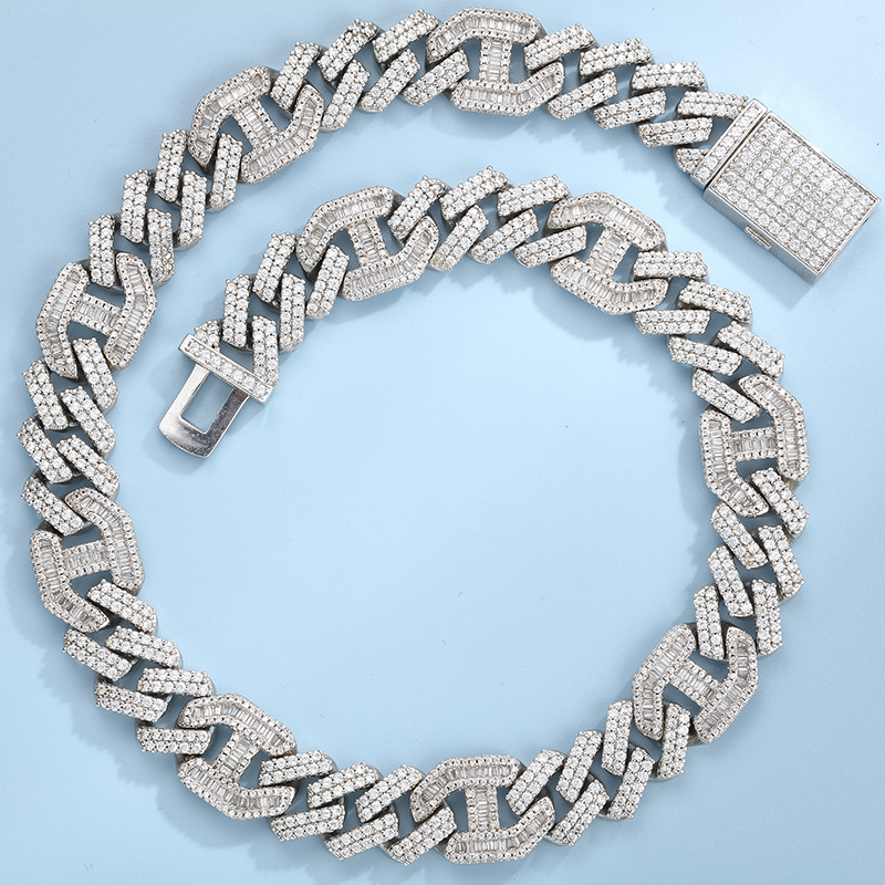 15mm Baguette Necklace Iced Out Diamond Hip Hop Jewelry Cuban Chain Link Sterling Silver Men Cuban Link Chain Necklace
