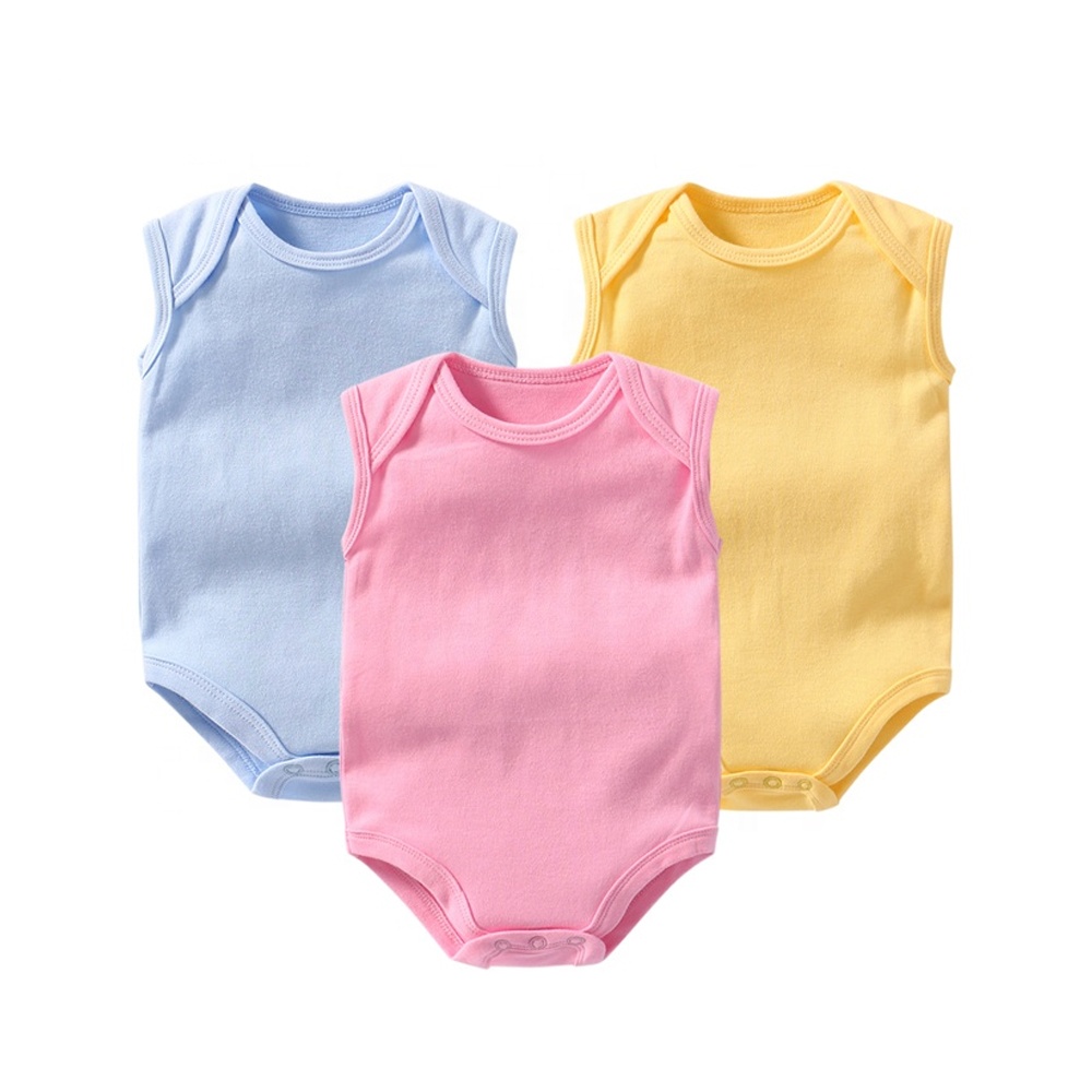 Summer hot sale breathable soft organic cotton solid sleeveless baby romper bodysuit