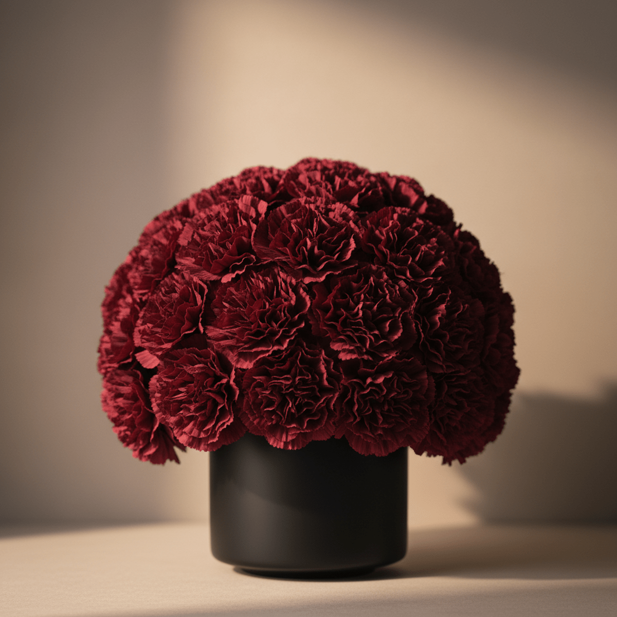Sophisticated centerpiece of deep burgundy carnations in a matte black ceramic vase.