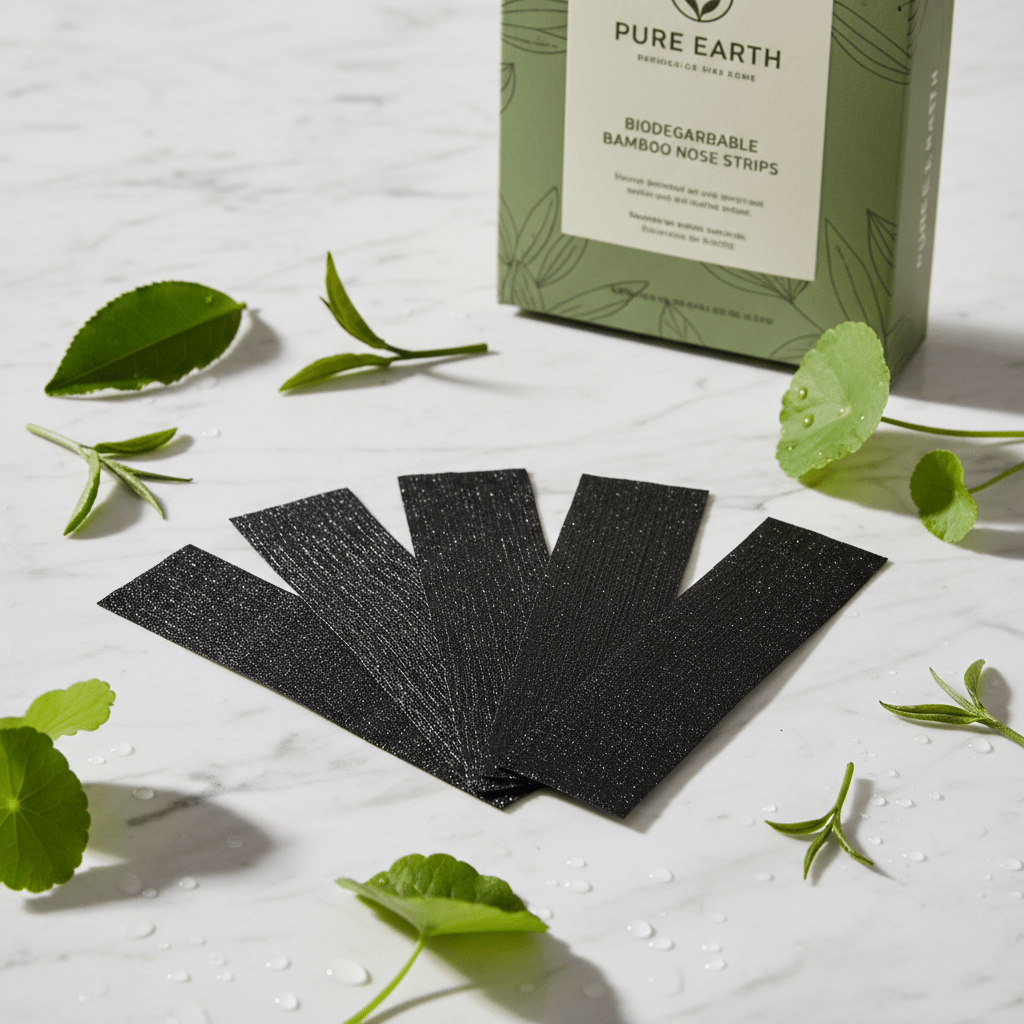 Biodegradable nose strips with bamboo, Centella, and green tea on marble.