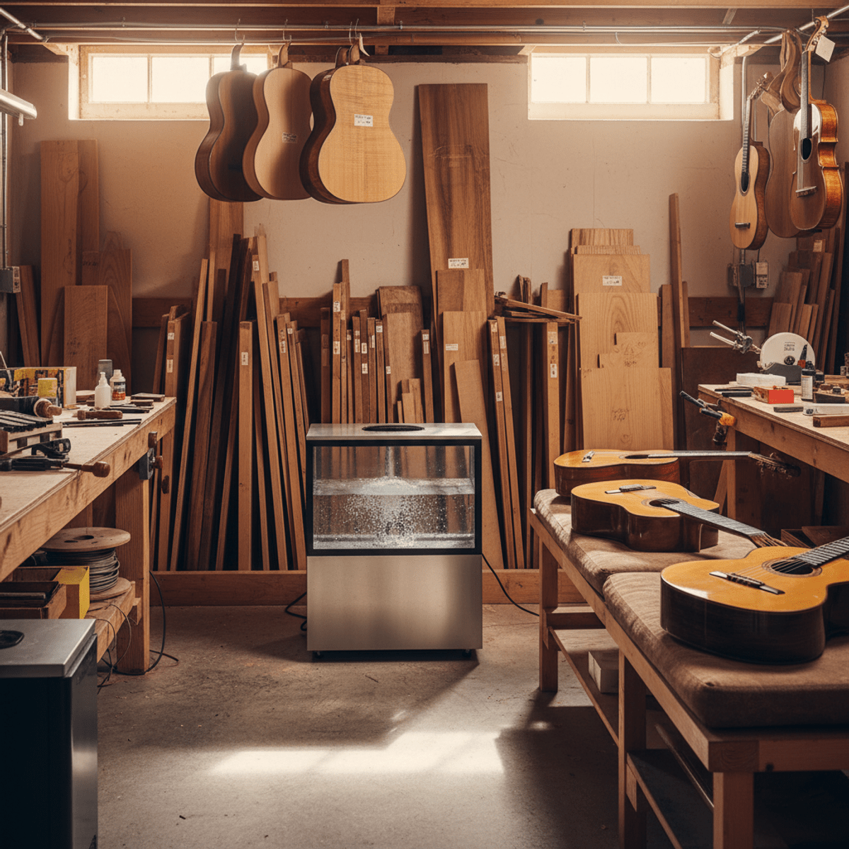 Luthier's workshop with exotic tonewoods, guitars, and humidifiers.