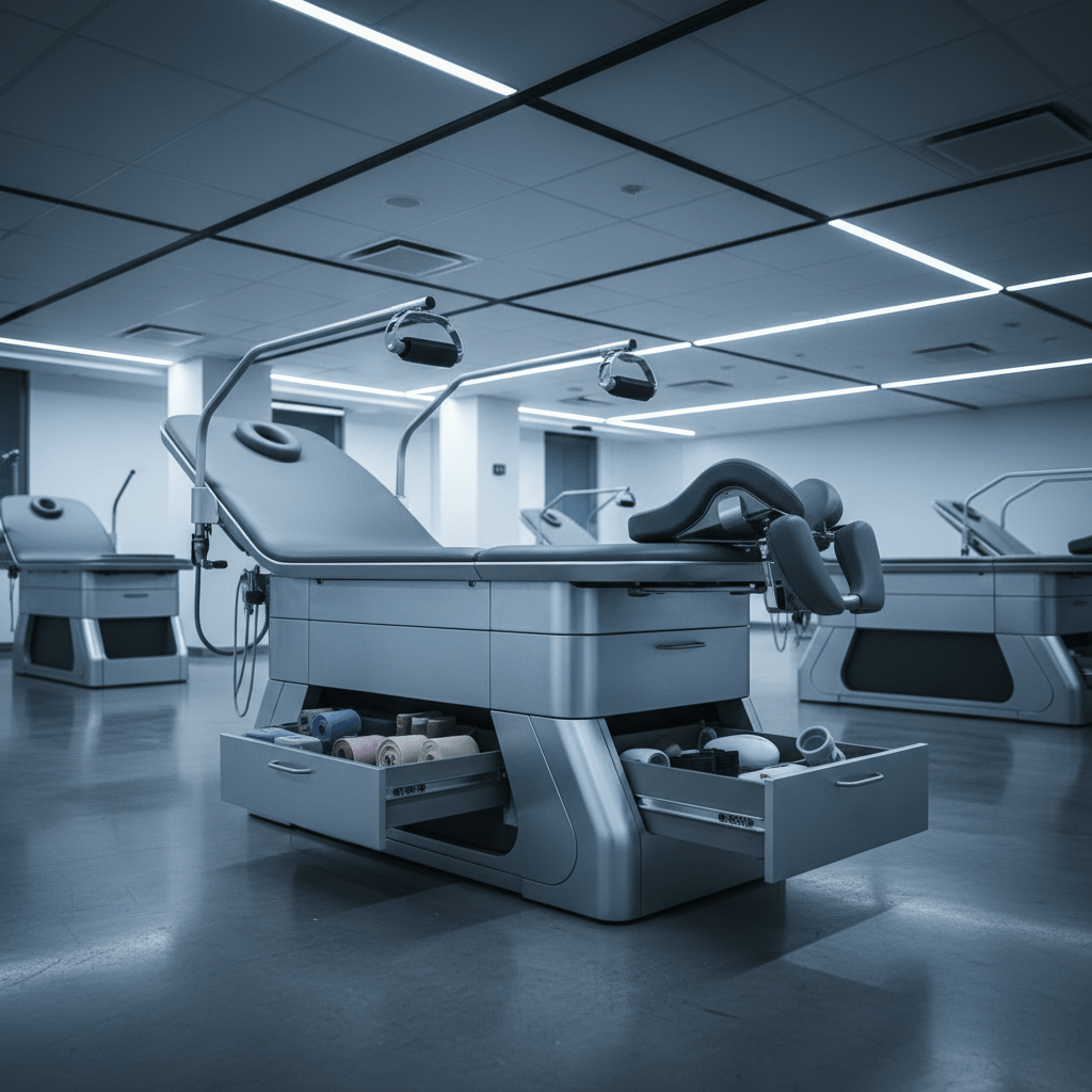Sleek futuristic therapy table in a high-tech clinic setting. Futuristic therapy table with modular panels in a spacious, modern clinic.