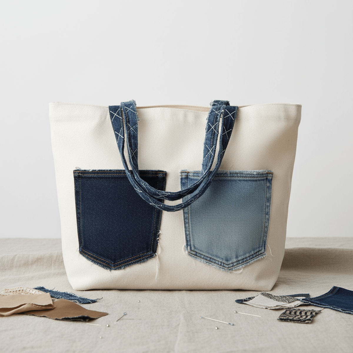 Minimalist studio shot of a canvas tote with denim pockets and raw hems.