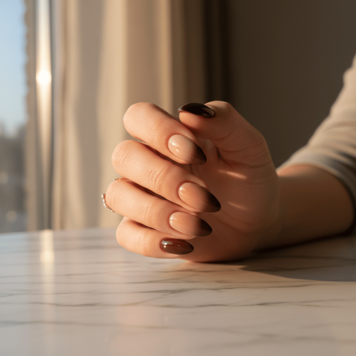 Finely manicured mocha mousse ombré nails resting on a marble tabletop.