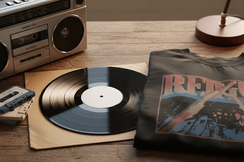 Close-up view of a vinyl record, boombox, and concert t-shirt under warm lighting, symbolizing 90s music nostalgia