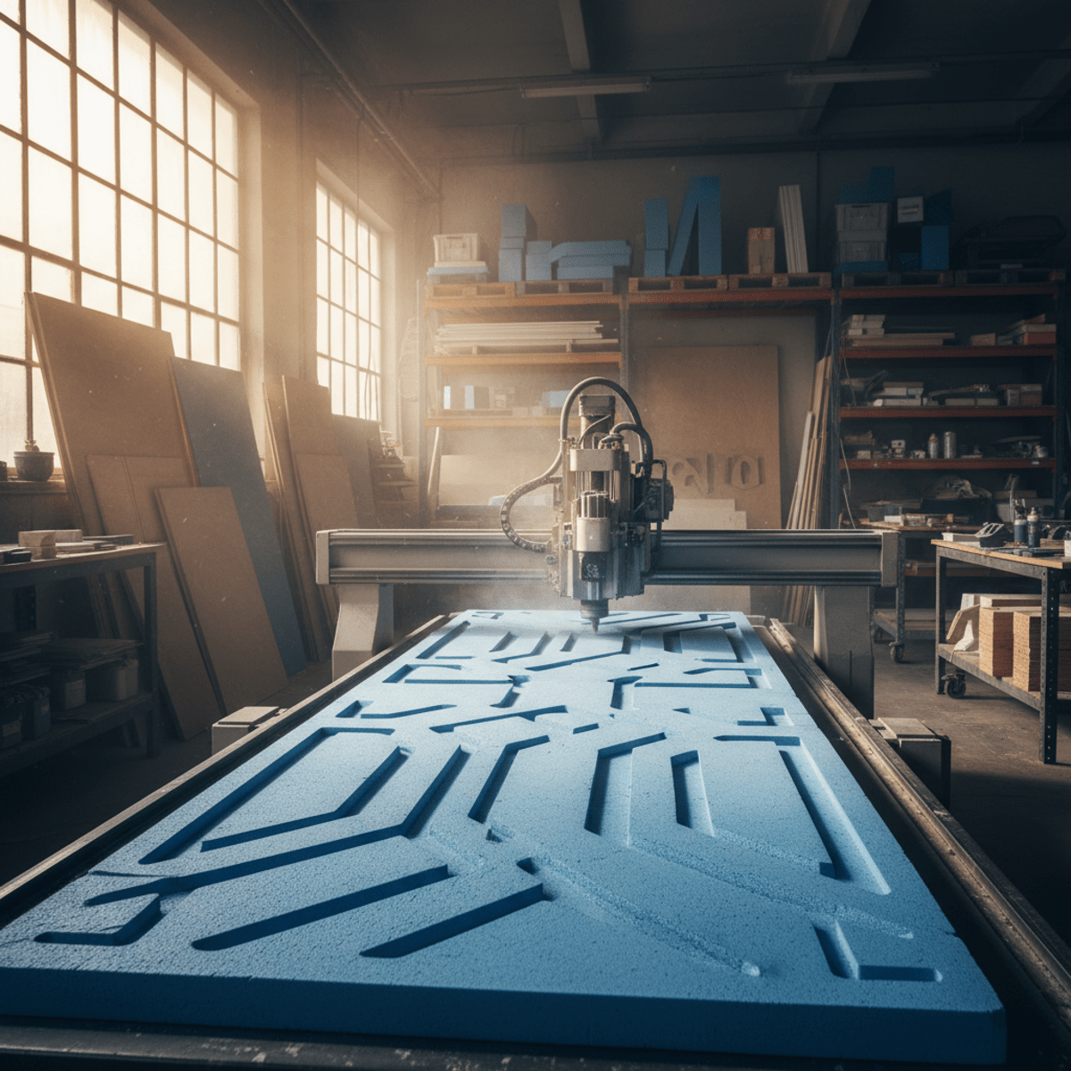 Wood router cutting intricate foam patterns for architectural concrete mold in a workshop.