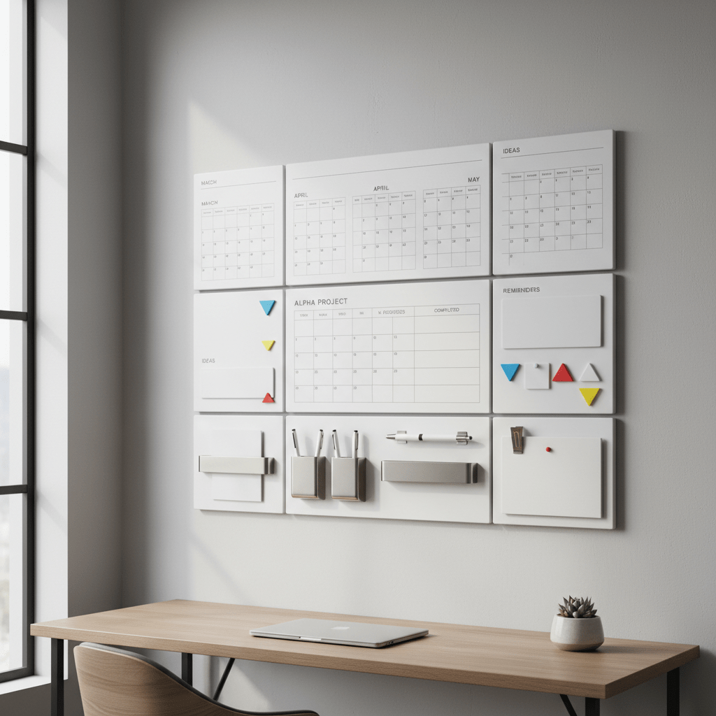 Futuristic magnetic wall organizer for home office Sleek magnetic wall system with calendar and project boards in a modern office.