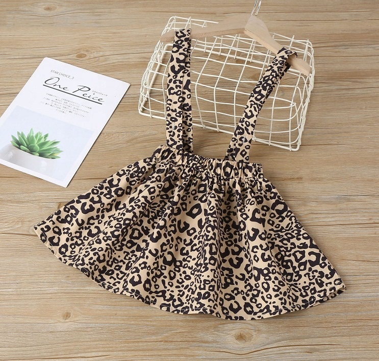 2021 Kids Summer Suit Short Sleeve Top Leopard Print Suspender Skirt 2pcs Baby Girls Clothes Sets