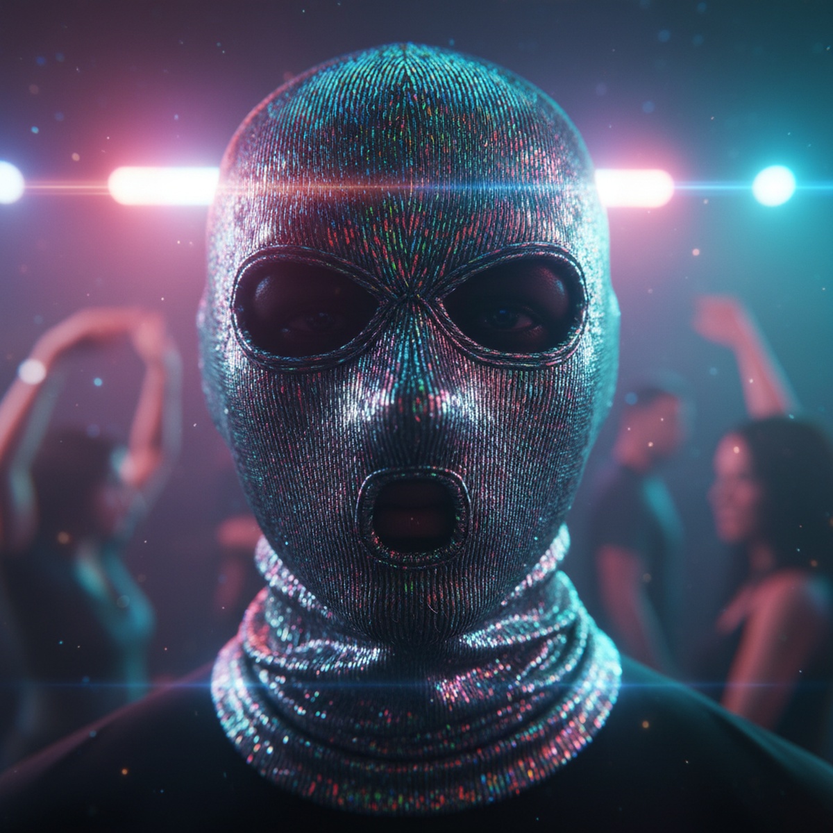 Futuristic metallic shiesty mask shimmering with iridescent colors under club lights.