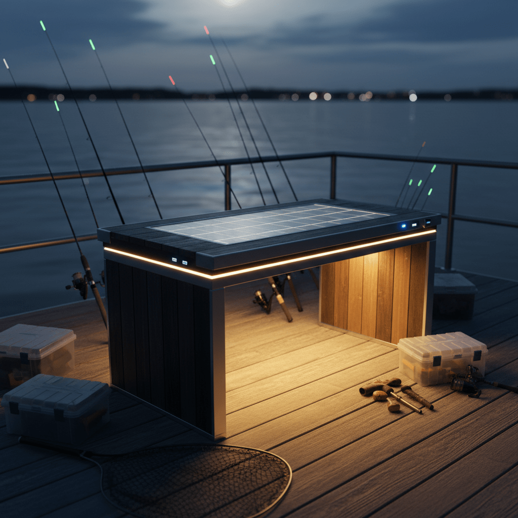 Futuristic solar-powered fishing table with LED lights on a dock at night.
