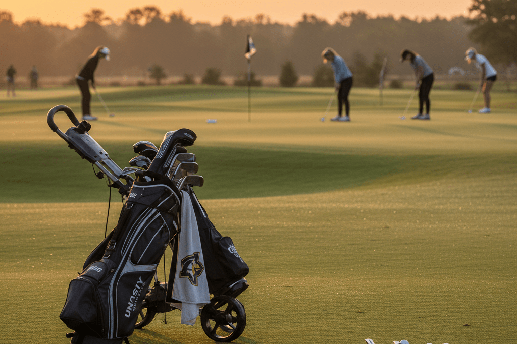 High-end golf equipment including clubs and bag on a practice green during sunset, showcasing premium sporting aesthetics