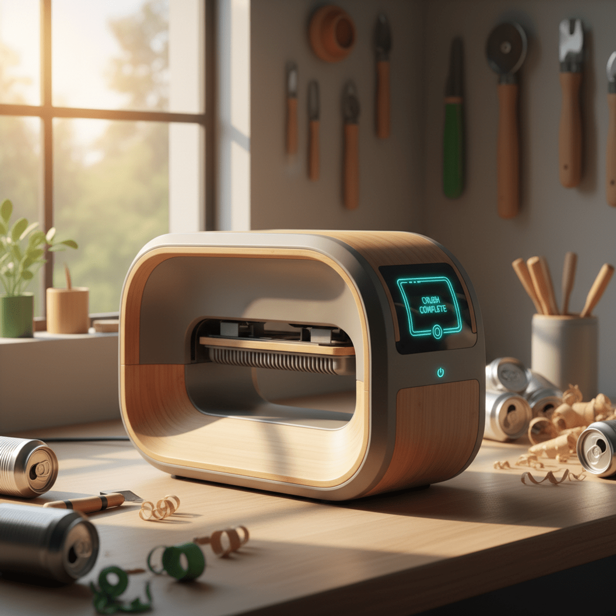 Futuristic electric can crusher with recycled plastic and bamboo in a bright workshop.