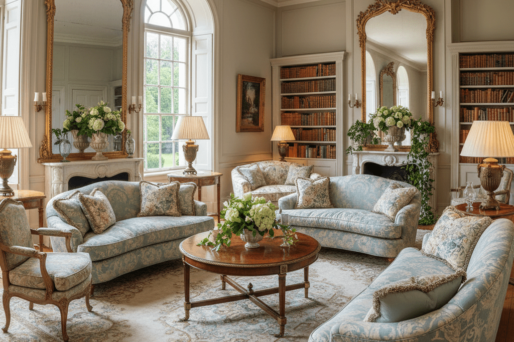 Stylish living room with period-style decor and soft lighting, showcasing lifestyle influences from modern streaming hits