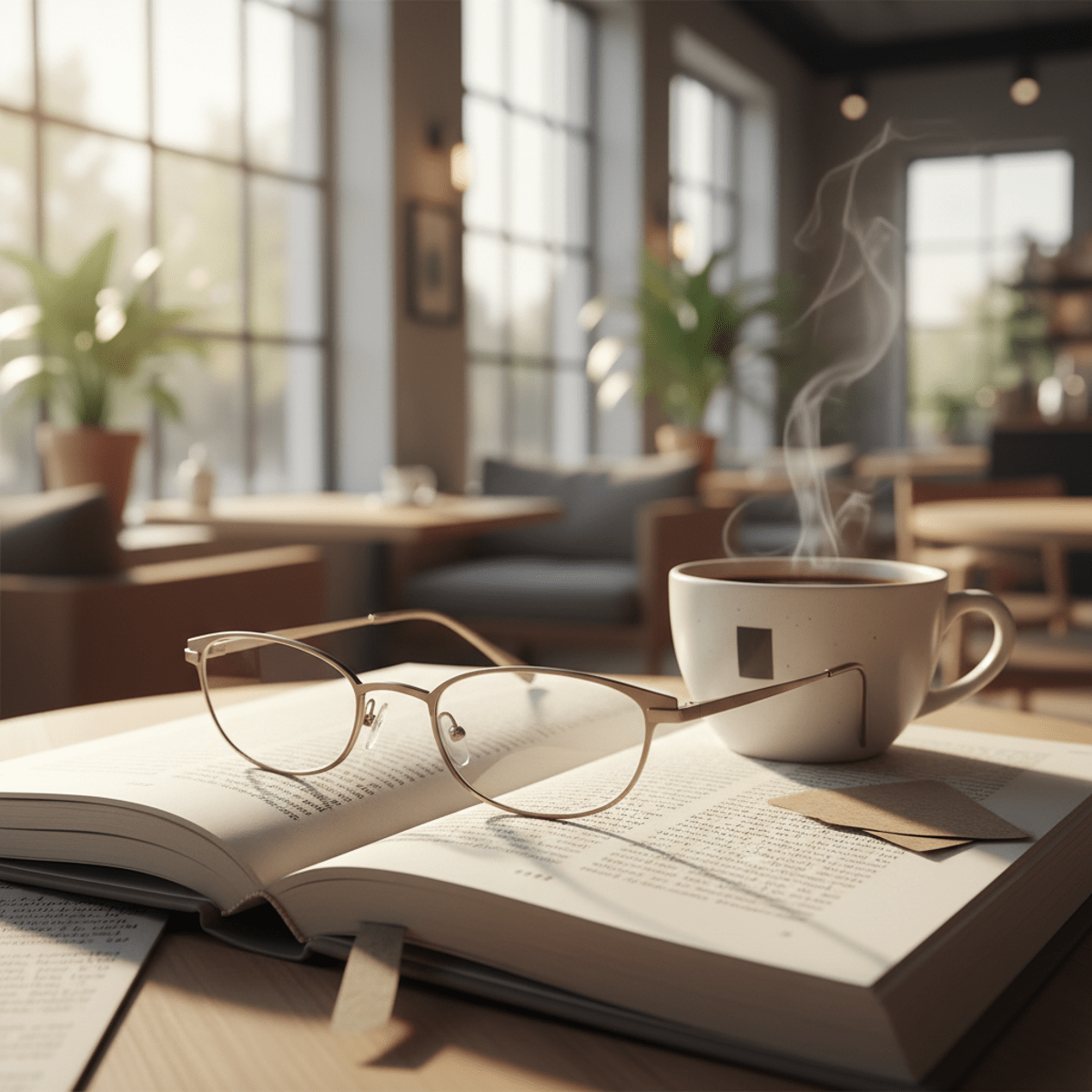 Trendy titanium wireframe glasses with matte champagne finish on an open book.