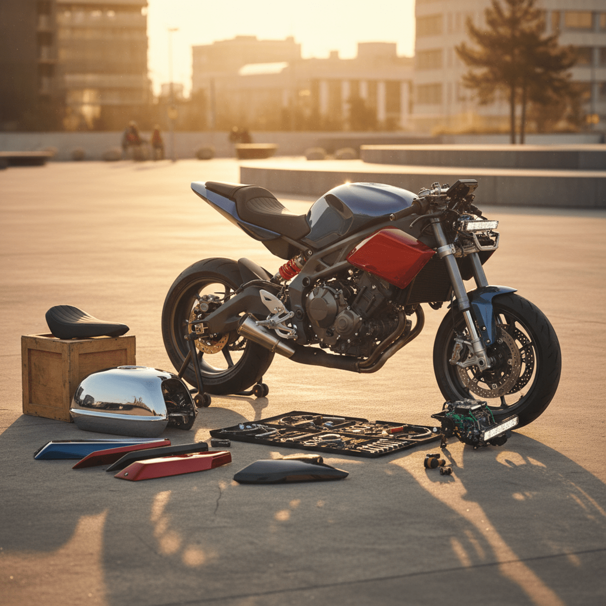 Sleek modular motorcycle concept with swappable parts at golden hour.