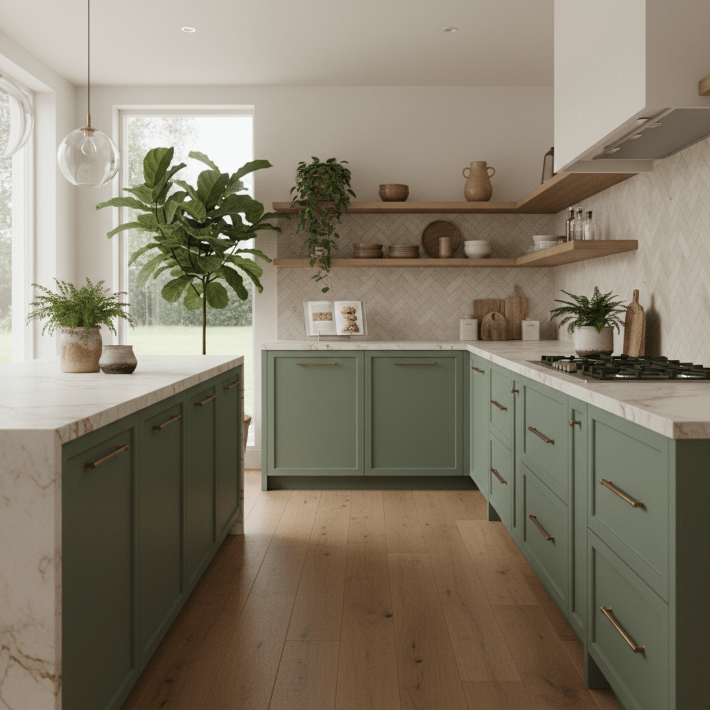 Modern kitchen with sage green cabinets, brass hardware, and natural stone countertops.