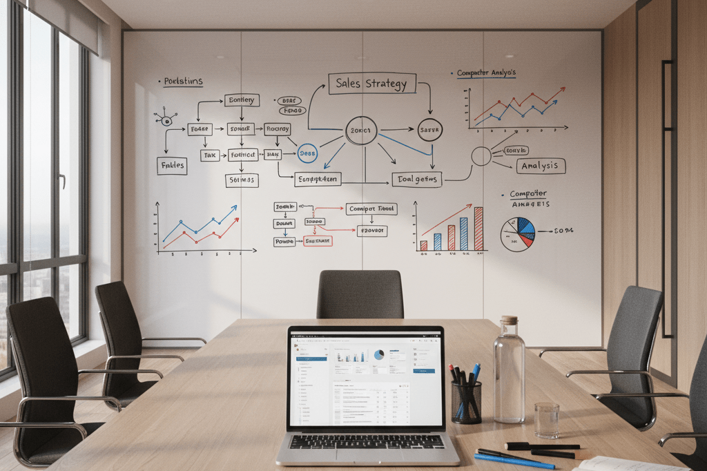 Meeting room with whiteboard showing sales strategies under natural light, symbolizing competitive business tactics