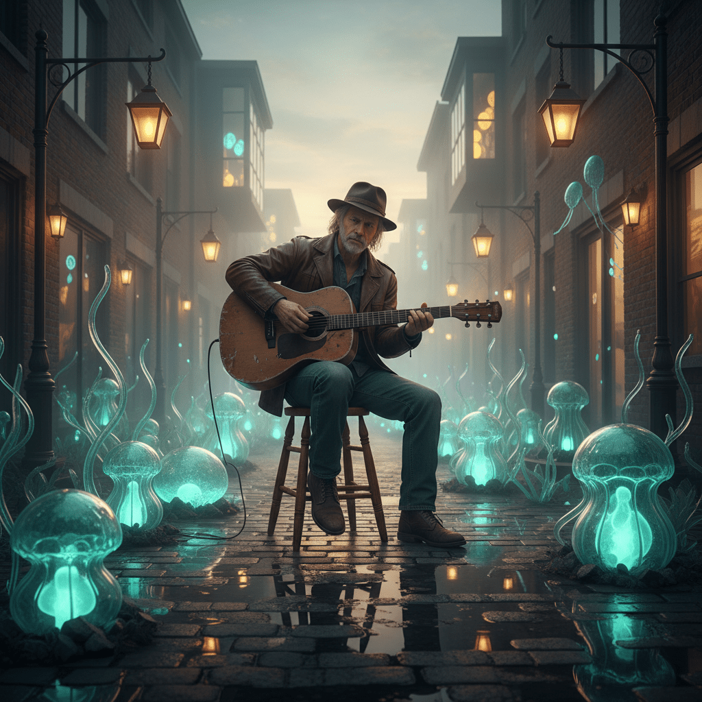 Blues artist plays guitar amid glowing recycled glass sculptures in aqua light.