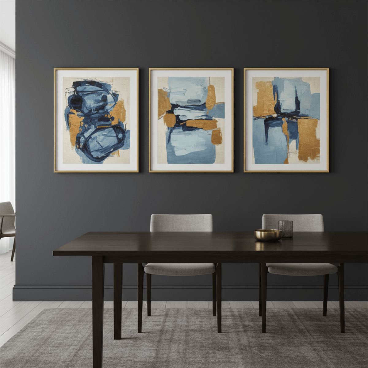 Brushed brass poster frames with abstract art on a charcoal wall.