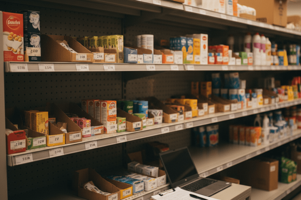 Partially stocked retail shelves with inventory notes under warm ambient lighting, symbolizing cash flow challenges amid rising debt collection cases