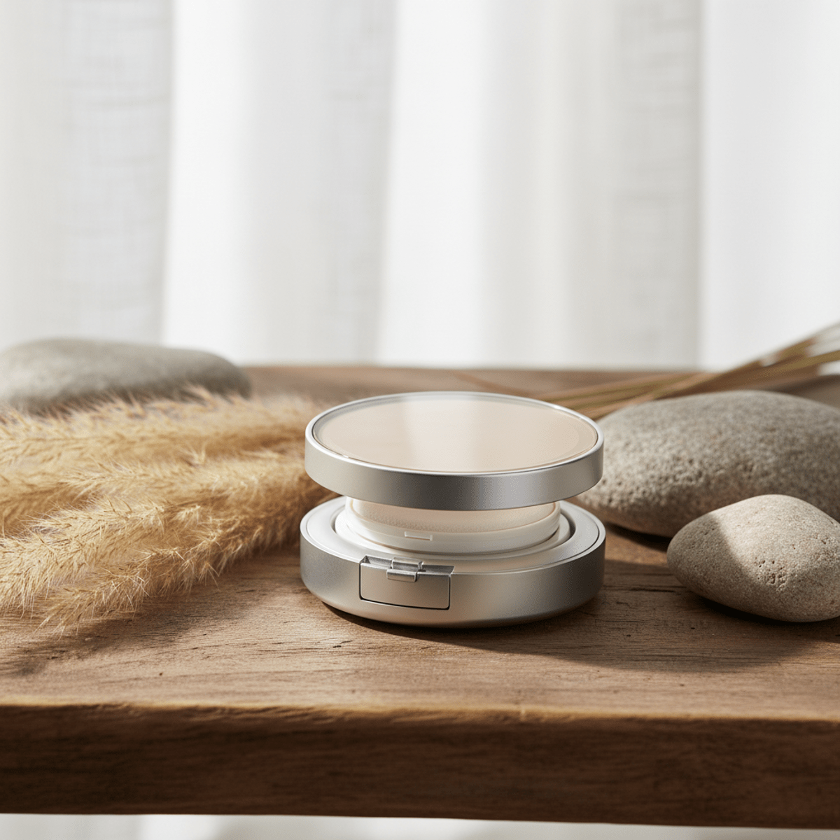 Eco-conscious Korean foundation cushion with refillable pod in satin aluminum.