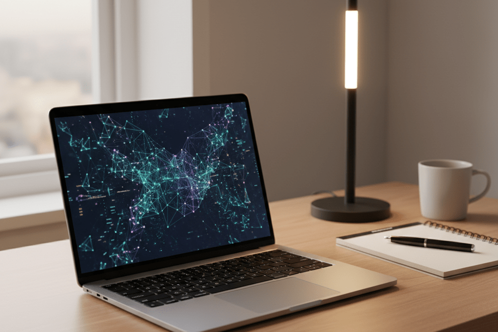 Open laptop showing abstract AI data visuals on a desk with natural light symbolizing tech accessibility