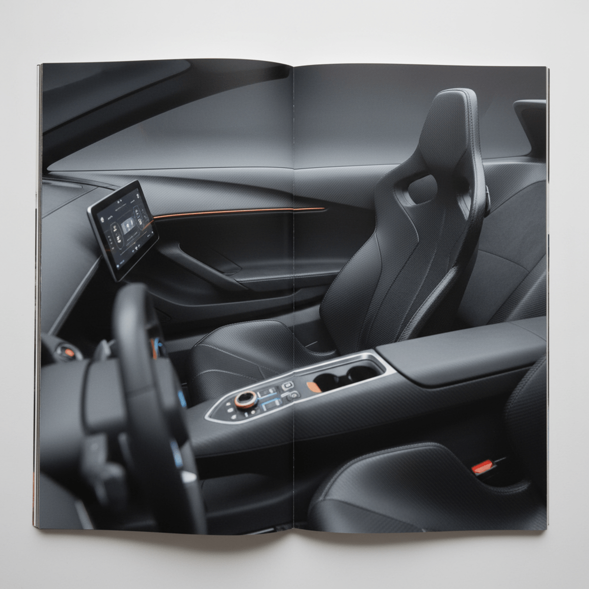 Matte carbon bucket seat with ergonomic contours and fine weave texture in a futuristic cockpit.