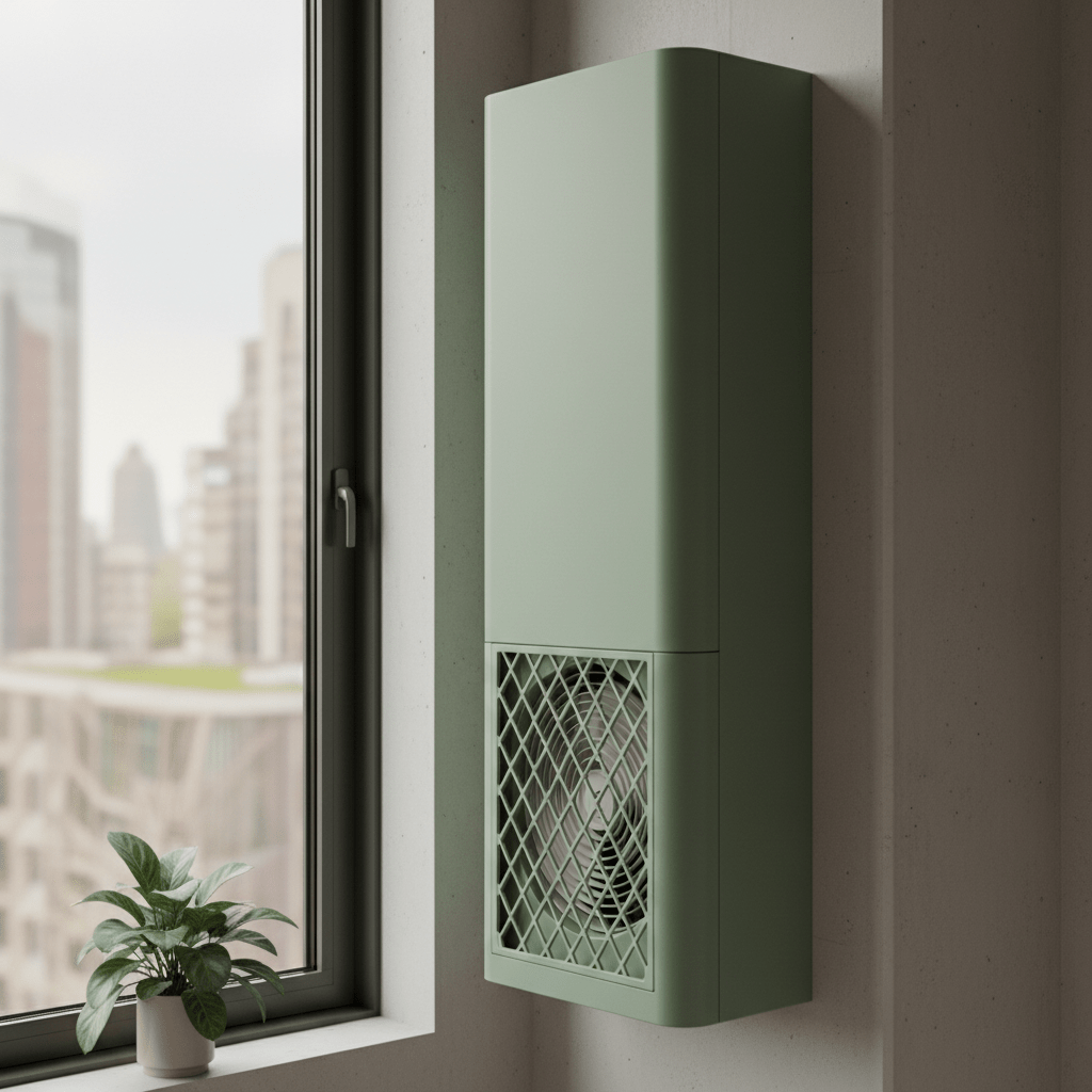 Sleek vertical air conditioner in earth tones, set in a modern apartment.