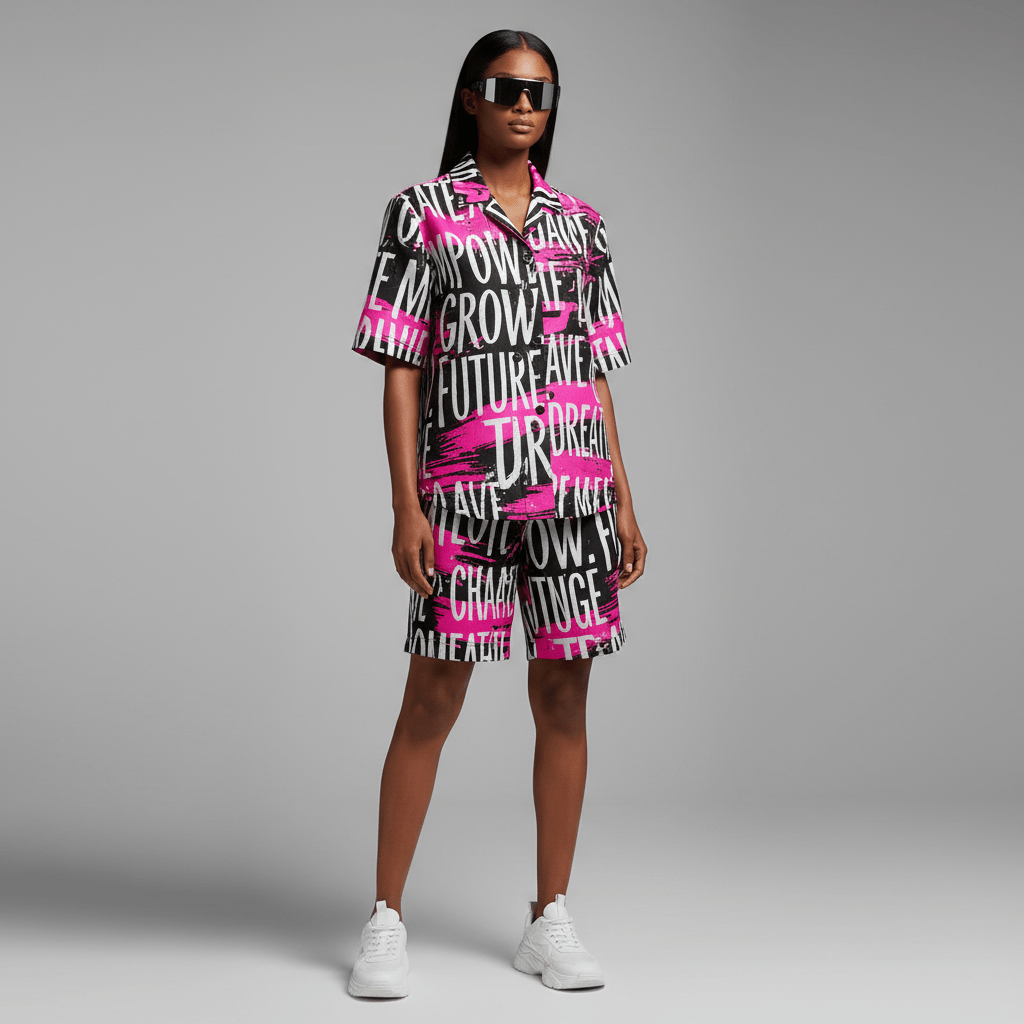 Maximalist short-sleeve set with bold typography on a black background.