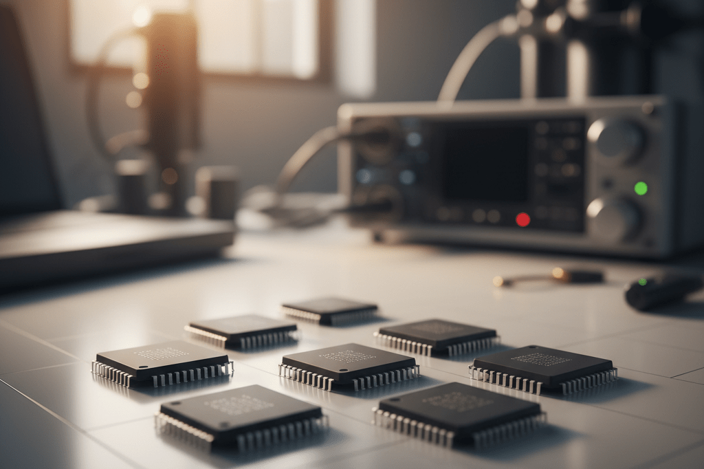 Close-up photo of modern semiconductor chips on reflective surface with blurred tech equipment in background