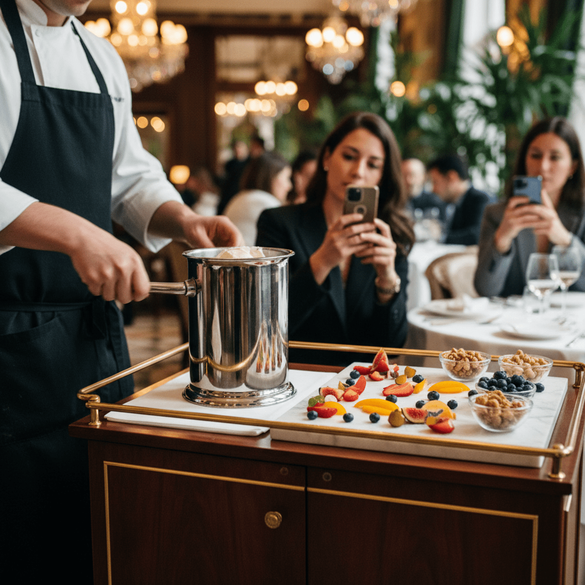 Elegant tableside ice cream service with fresh cream and fruit.