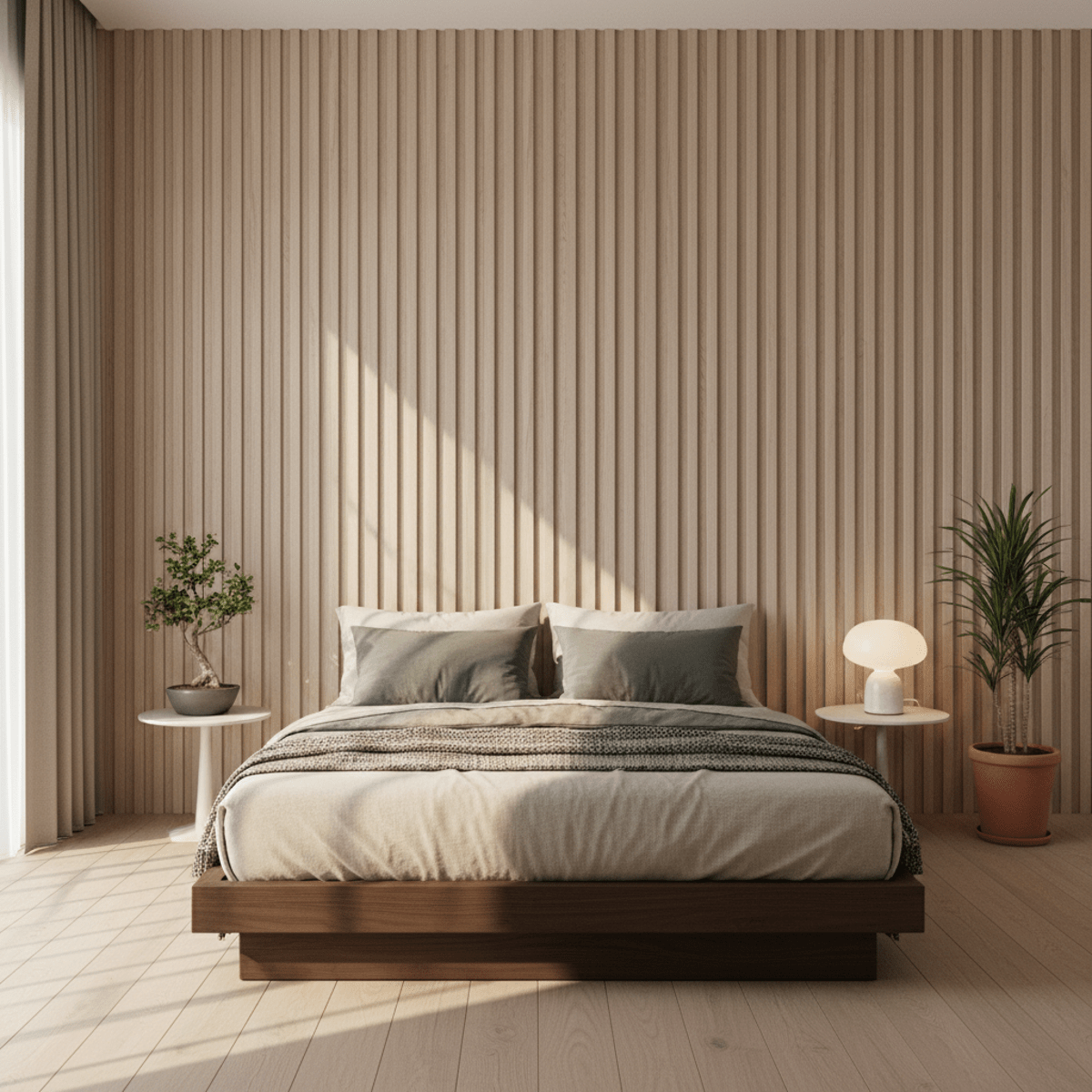 Elegant fluted oak wall paneling creates a stunning headboard accent in a minimalist bedroom.