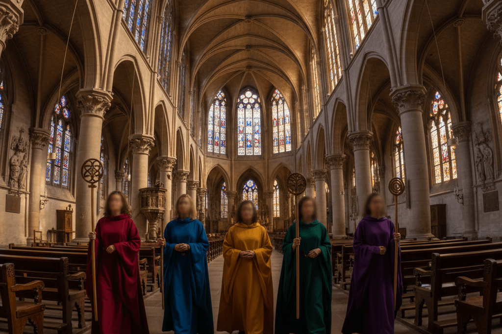 Wide shot of a cathedral interior with a procession of five female leaders in robes under natural light, symbolizing inclusive leadership