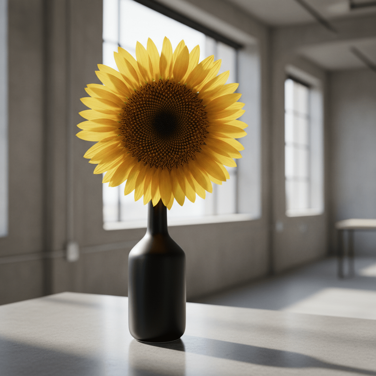 Single sunflower in a matte black vase on polished concrete in a minimalist loft.