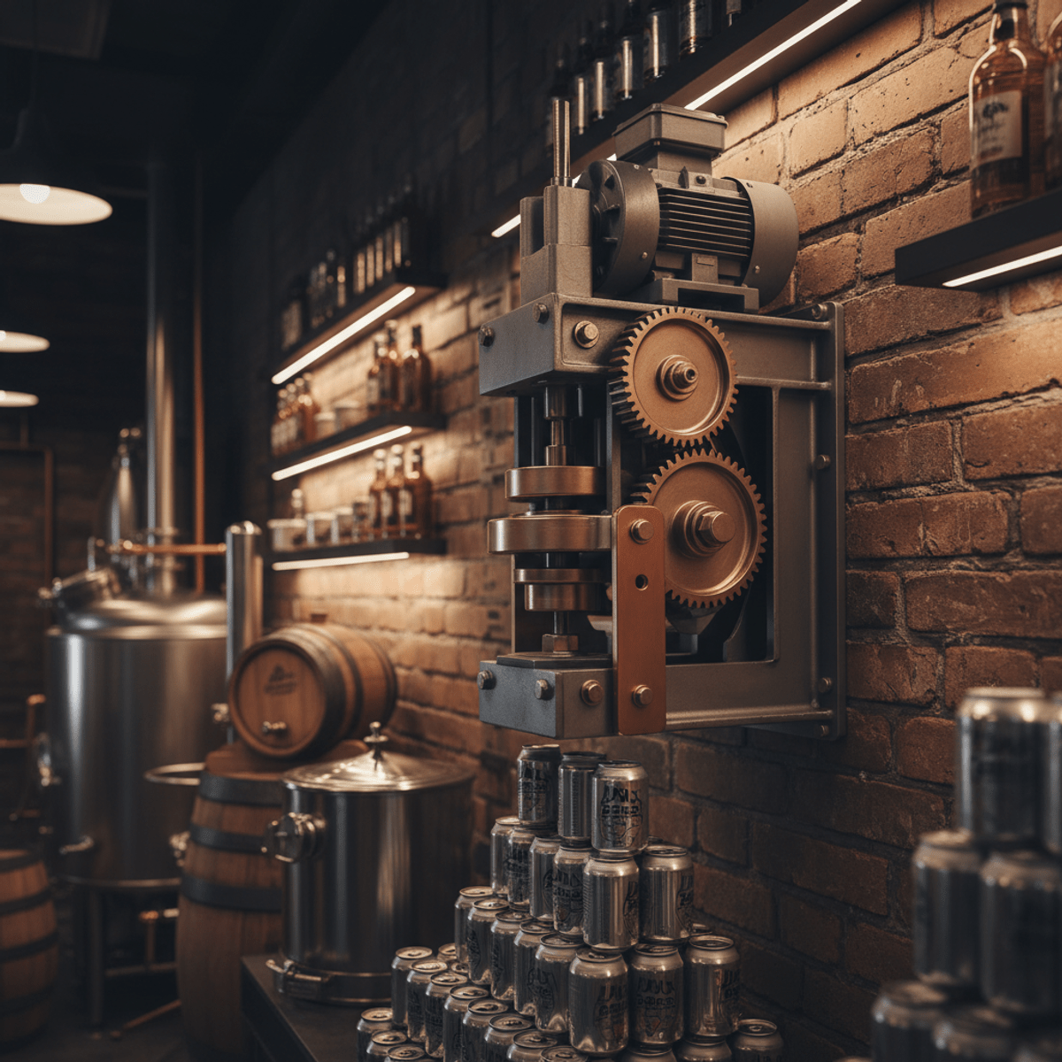 Heavy-duty electric can crusher in a craft brewery workspace with stacked cans.
