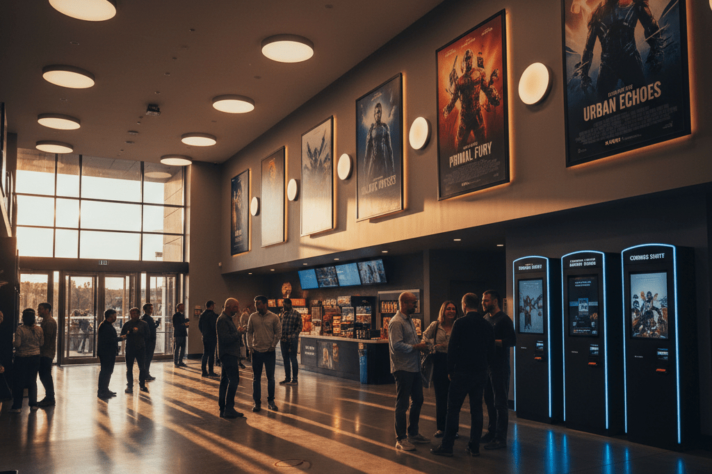 Wide shot of a lively theater lobby with glowing kiosks, generic movie posters, and patrons chatting under warm ambient light