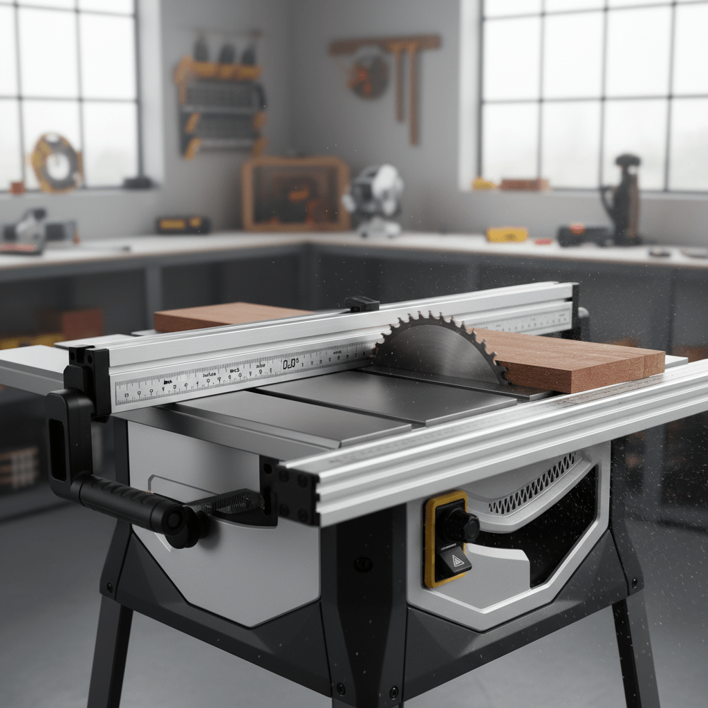 Sleek cordless table saw with synchronized fence in a clean workshop environment.
