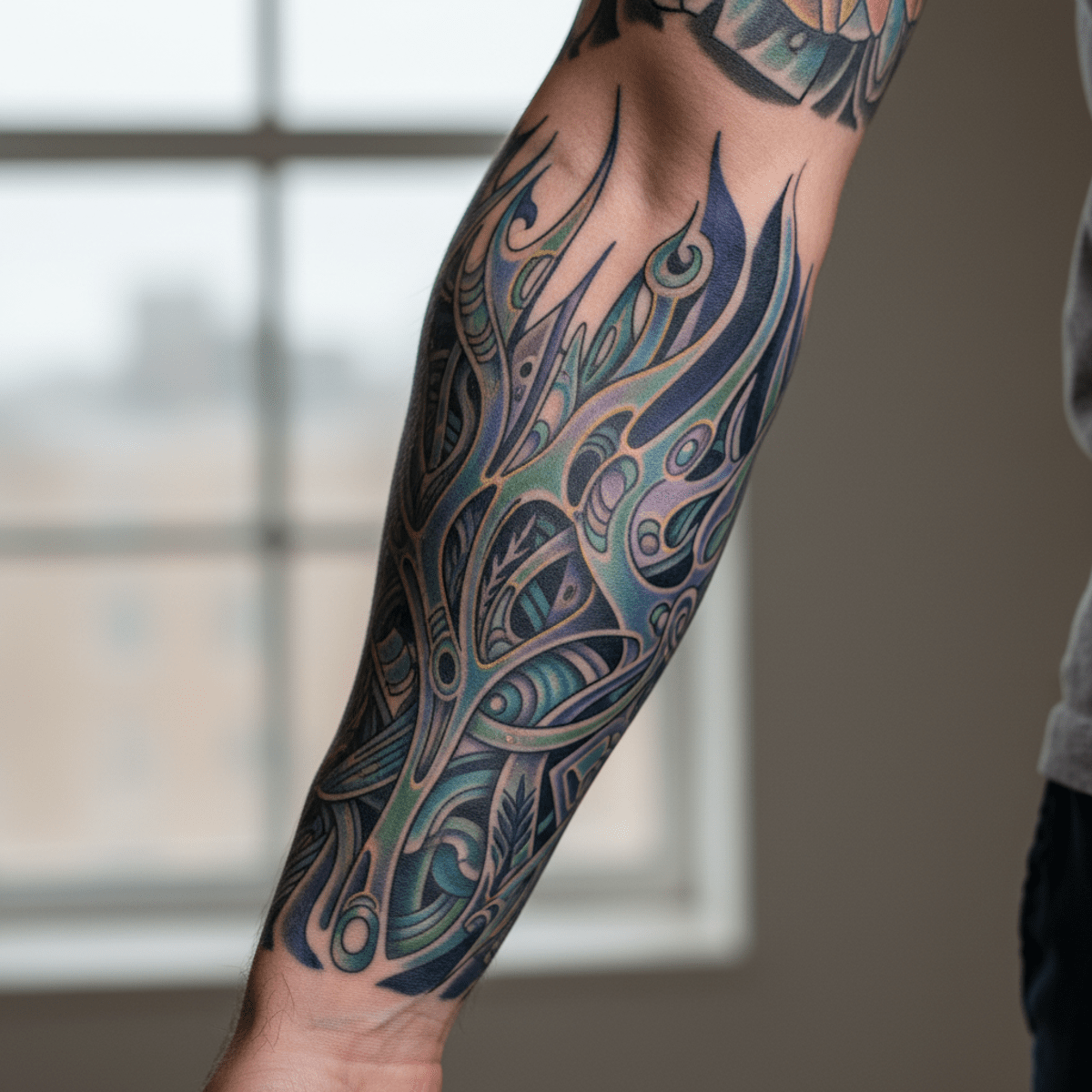 Close-up of a male forearm with intricate AI-generated botanical and geometric tattoo patterns.