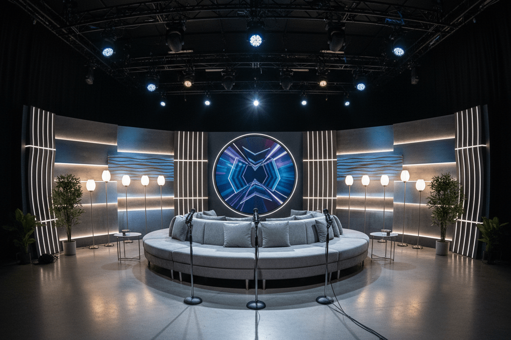 Wide shot of a stylishly lit comedy panel setup with couches and mics, symbolizing strategic casting and content release strategies in entertainment