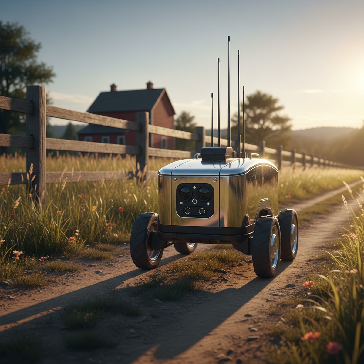 Futuristic metallic delivery robot navigates a quiet rural lane at golden hour.