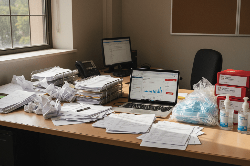 Desk with purchase orders and laptop showcasing digital inventory tools under soft indoor lighting, representing emergency procurement shifts