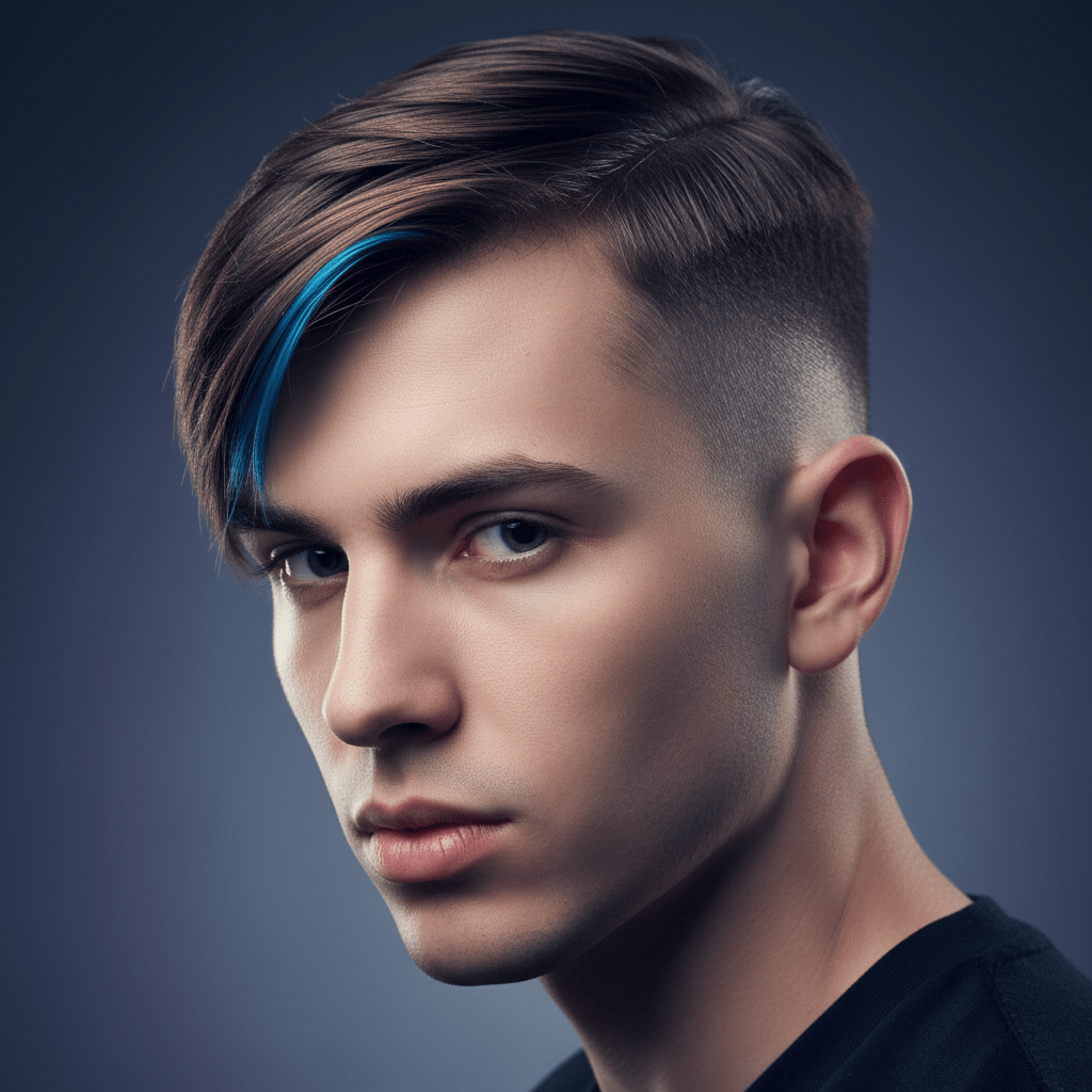 Sharp haircut with electric blue streak, showcasing sleek, futuristic hair detail.