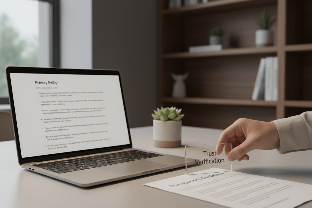 Medium shot of a clean office desk featuring privacy policy text, transparency guidelines document, and a clear trust verification badge under natural and ambient lighting