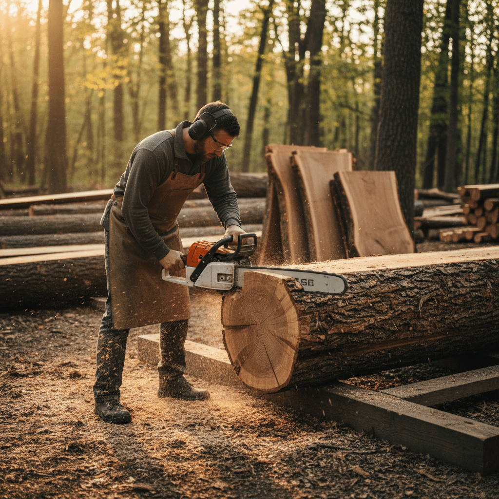 Woodworker cuts log into thick slabs with chainsaw in rustic outdoor workshop.