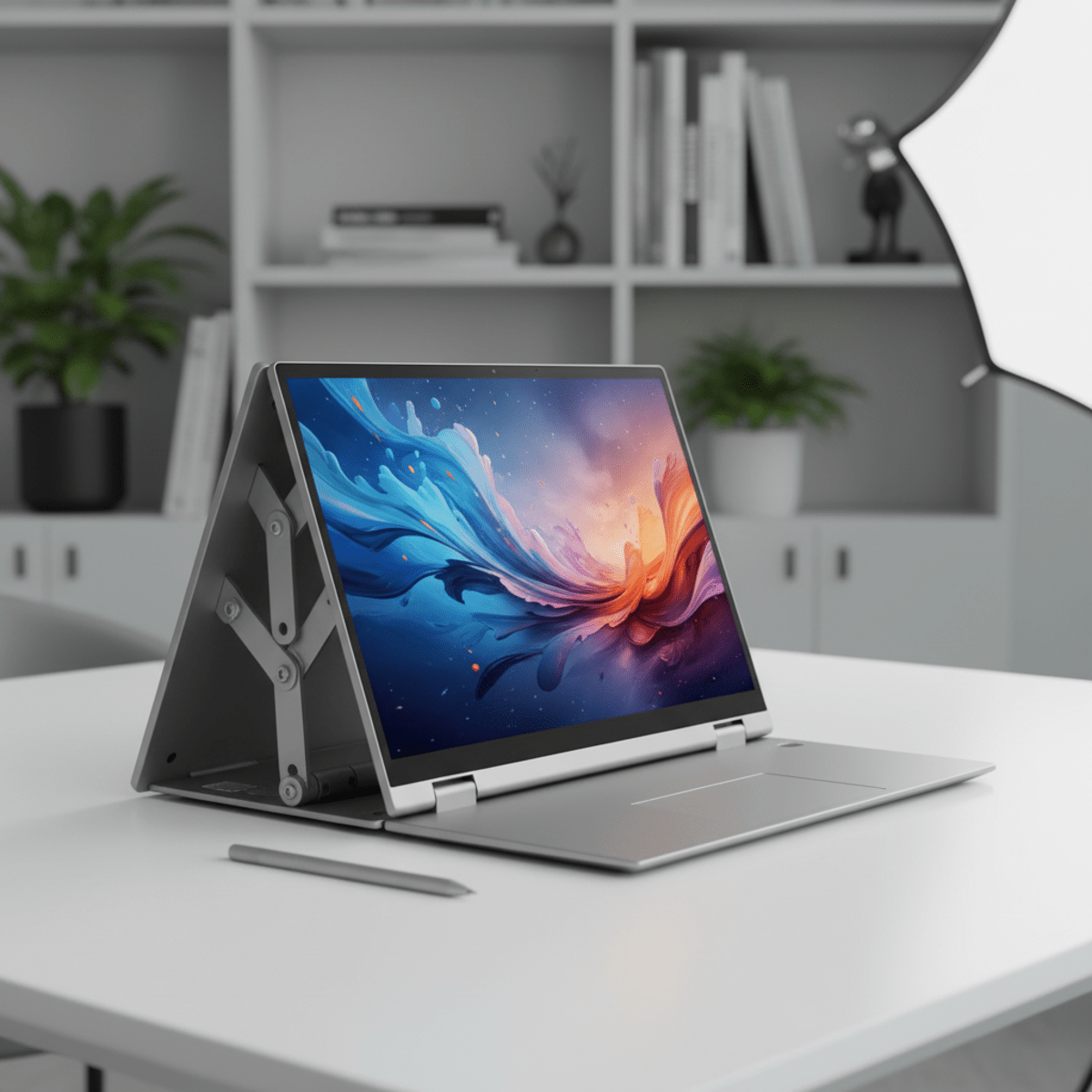 Budget 2-in-1 laptop in tent mode displays vibrant digital art on a minimalist table.