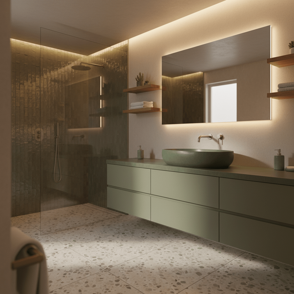 Contemporary bathroom with olive green vanity, sage cabinetry, and terrazzo floor.