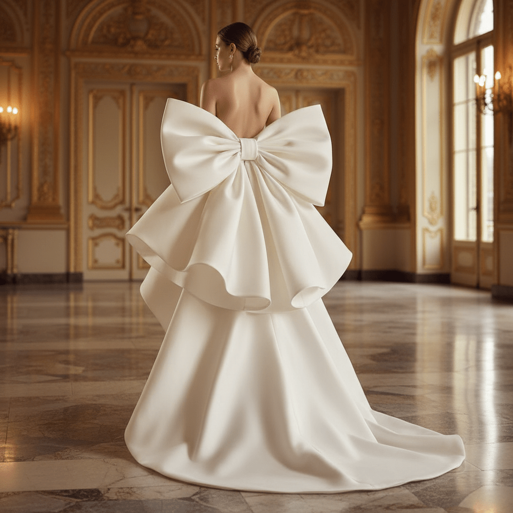 Elegant ivory Mikado wedding dress with a large architectural bow at the back.