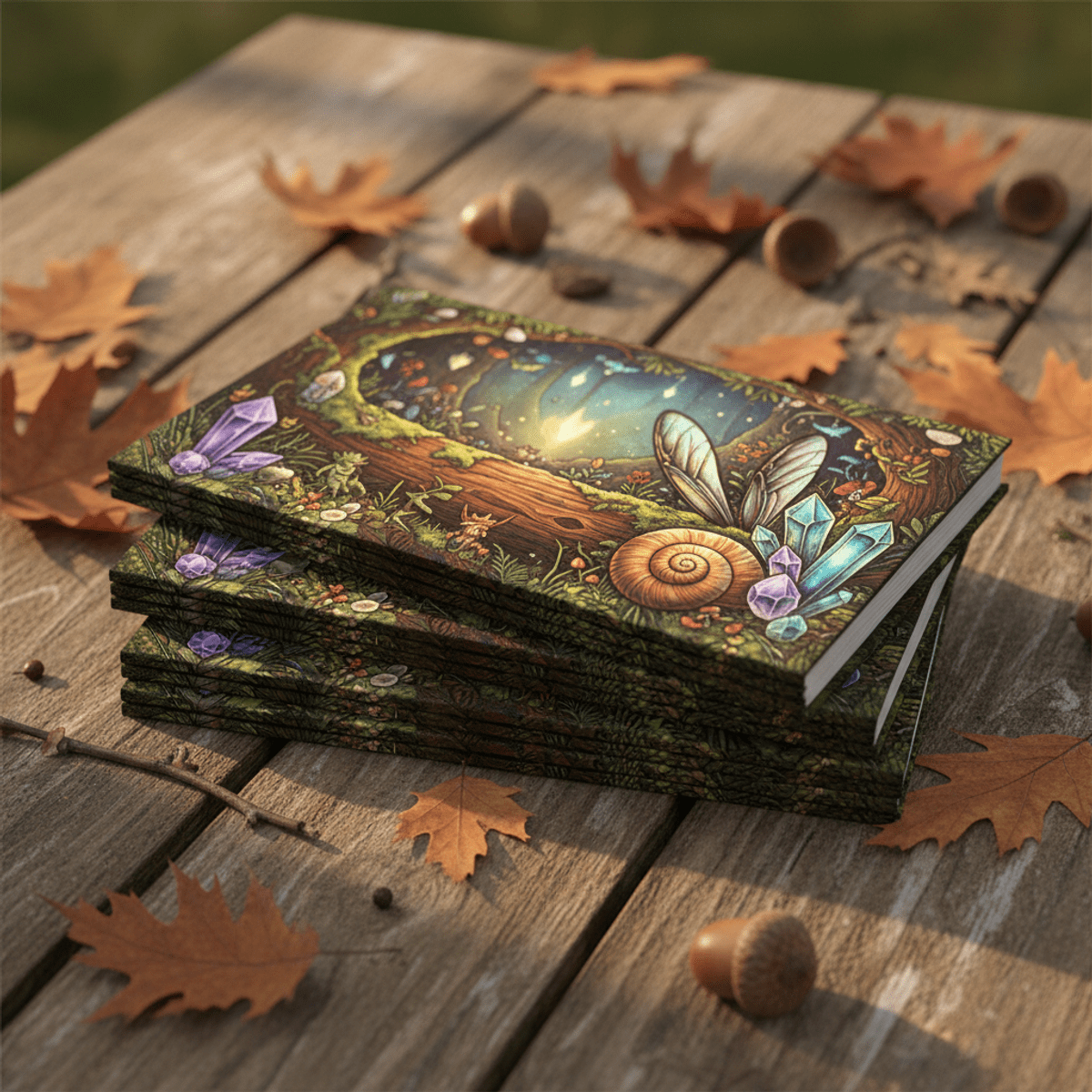 Mini coloring books showcase whimsical Goblincore forest treasures on a rustic wooden table.
