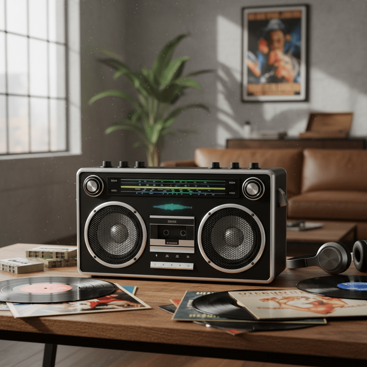 Modern boombox speaker with voice assistant light on a wooden table with vinyl records.