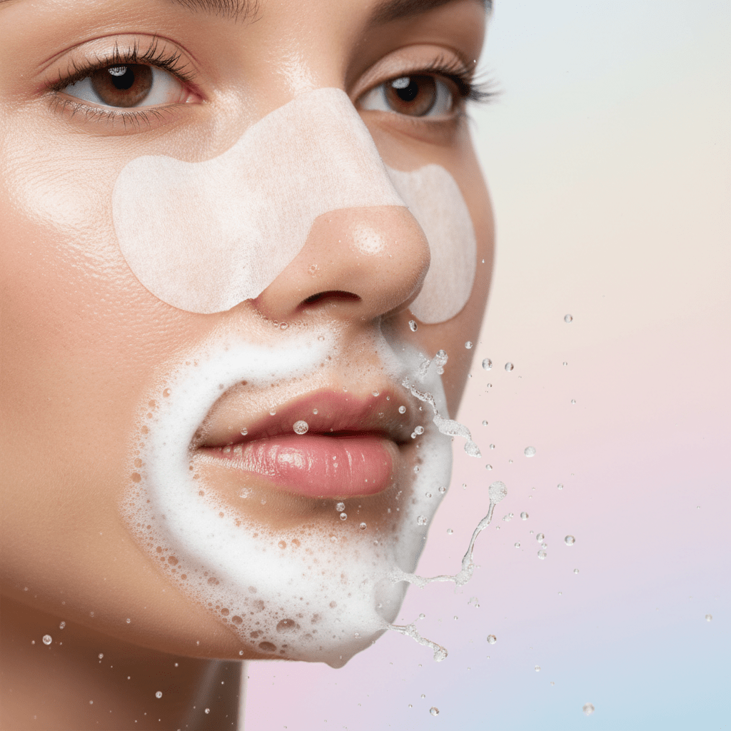 Blackhead strip activating with dense foam and water splash on nose.